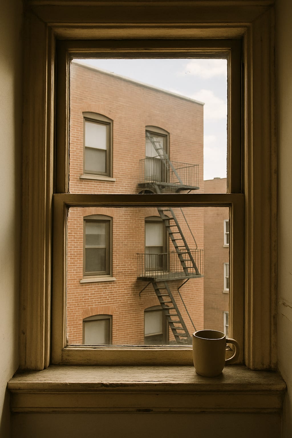 The view from inside an older apartment — a wooden window frame in the foreground, with the back of a neighboring brick apartment building and a fire escape visible through the pane in soft afternoon light.